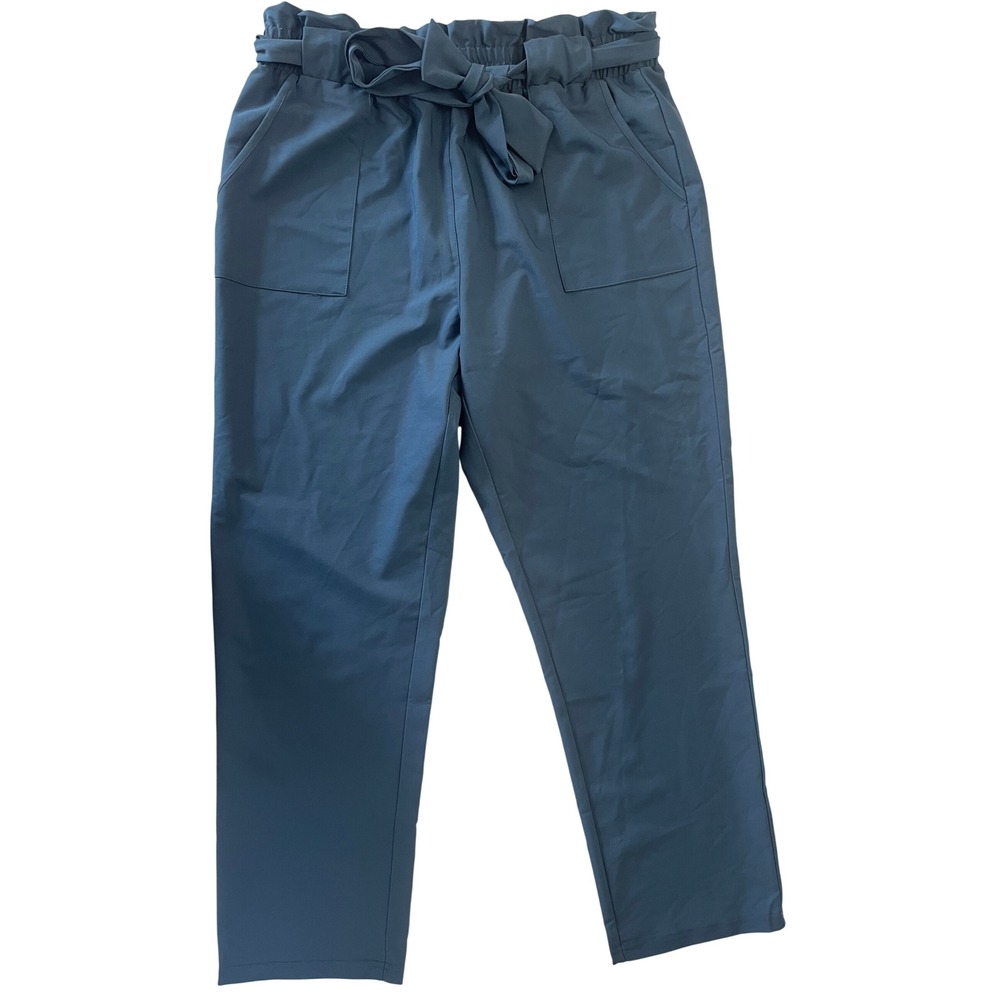 NWT Grace Karin Blue Paperbag Waist Pants Womens‎ 2XL High Rise Tie Belt Pockets